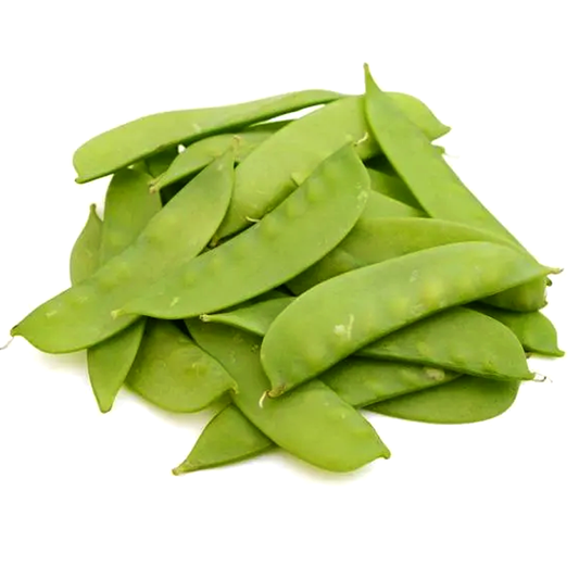 A pile of fresh green snow peas on a white background.