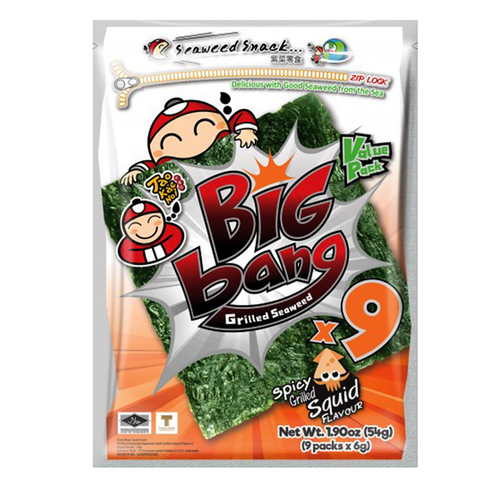 Taokaenoi Big Bag Brand Grilled Seaweed Spicy Grilled Squid Flavour Size 54g Pack of 9Pcs