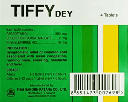 Tiffy Dey pack 4 tablets (The effective REAL drug against the symptoms of colds and flu tested by many travelers and guests of Thailand is Thai Tiffi tablets.)