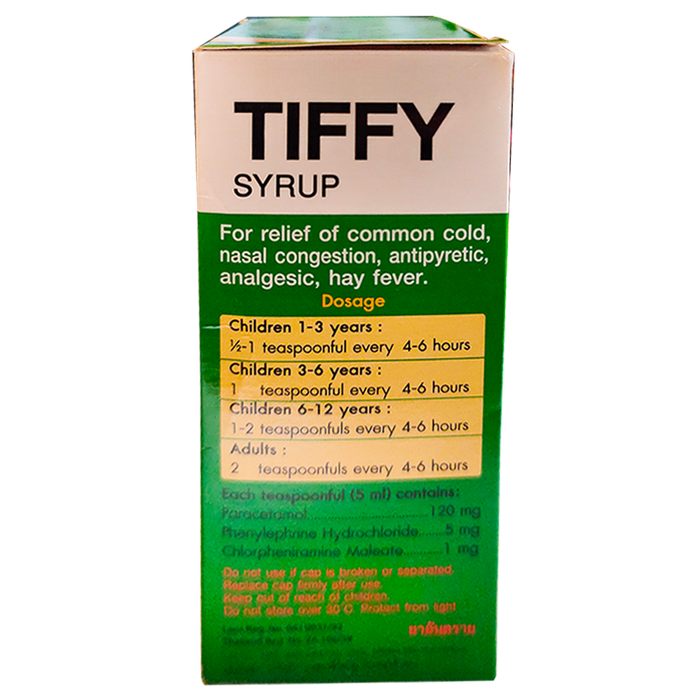Tiffy syrup Size 30ml For Relief Of Common Cold, Nasal Congestion, antipyretic, analgesic, hay fever.