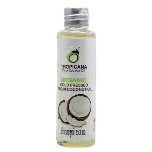 A bottle of Tropicana Organic Cold Pressed Virgin Coconut Oil with a label showing the brand logo, product name, and volume of 50ml.