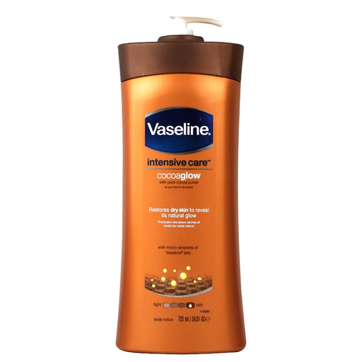 Vaseline Intensive care Cocoa Glow Lotion with pure cocoa butter ຟື້ນຟູຜິວແຫ້ງ ເຜີຍຜິວກະຈ່າງໃສເປັນທຳມະຊາດ ຂະໜາດ 725ml
