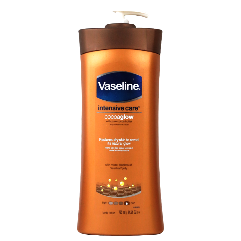 Vaseline Intensive care Cocoa Glow Lotion with Pure cocoa butter Restores dry skin to reveal its natural glow Size 725ml