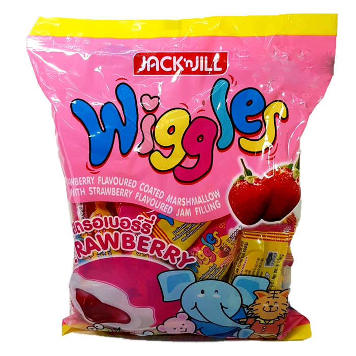 Wiggles strawberry coated marshmallow with strawberry flavoured jam filling Size 144g Pack of 24pcs