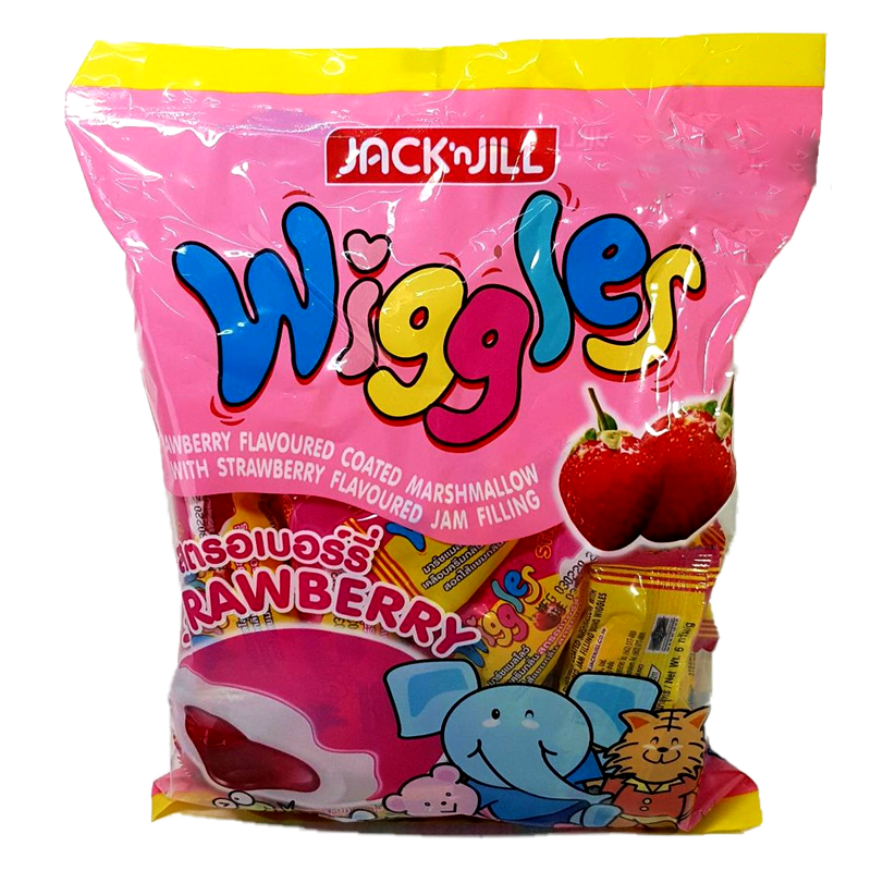 Wiggles strawberry coated marshmallow with strawberry flavoured jam filling Size 144g Pack of 24pcs