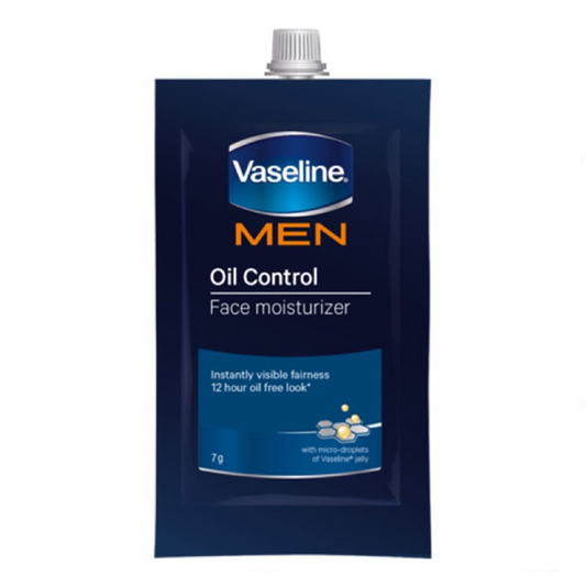 Vaseline Men Oil Control Facial Moisturizer in a blue pump bottle with white and orange labeling, 7g size.